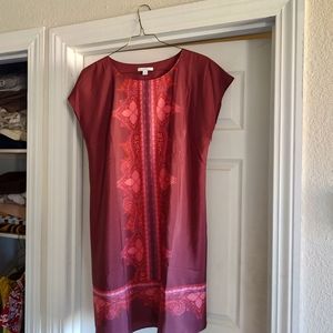 Mid length dress. Size 14, maroon color with orange, a blue detail.